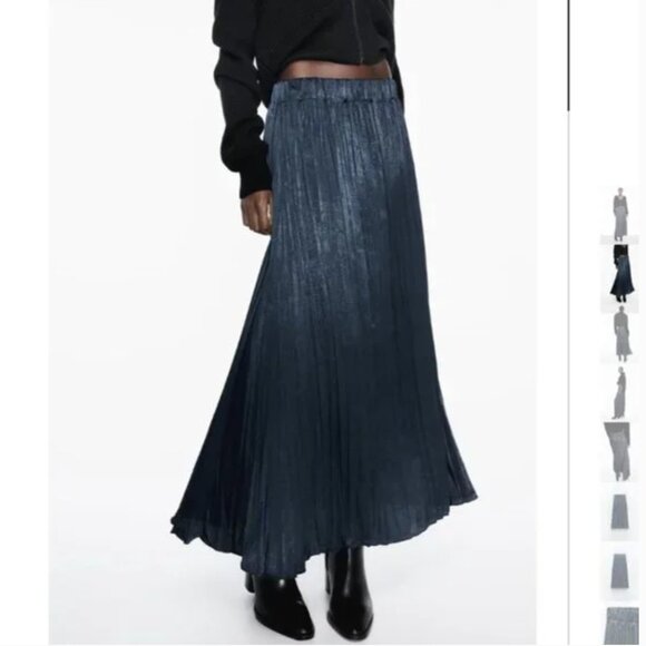 NWT ZARA WRINKLED SATIN EFFECT SKIRT PETROL BLUE - Picture 1 of 8